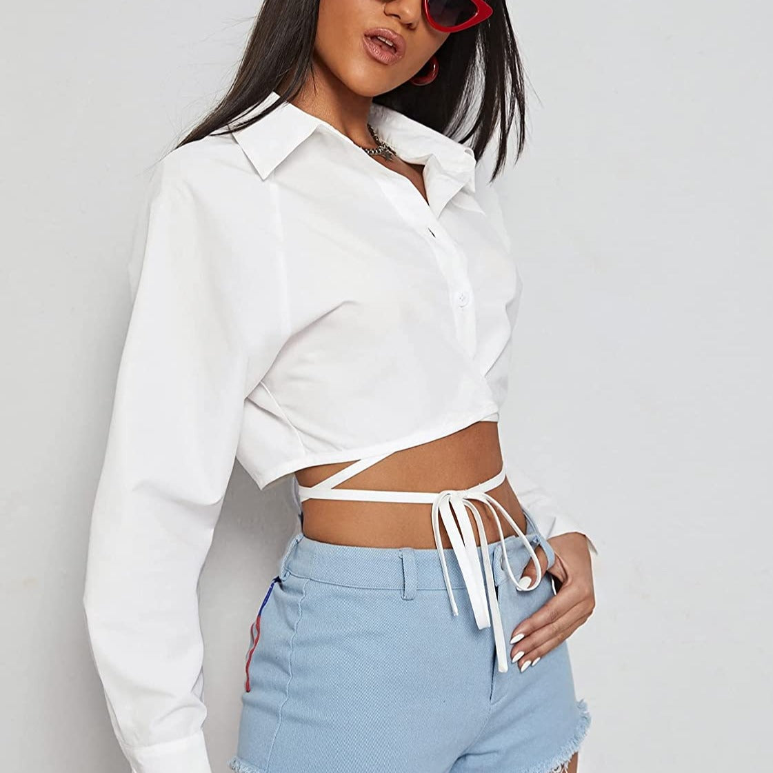 Cropped Lace Up Waist Shirt
