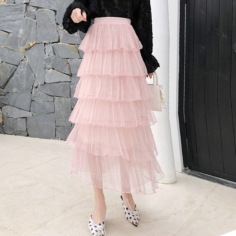 Ruffles Mesh Patchwork Long Skirt