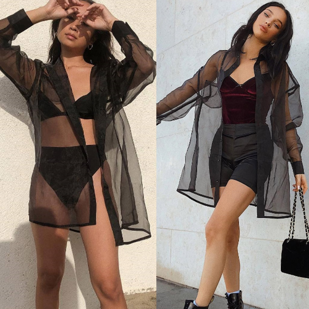Chic Transparent Mesh Black Shirt