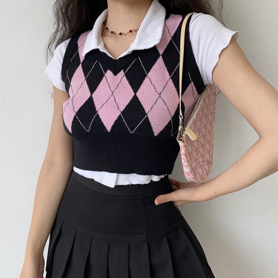 Preppy Argyle Cropped Sweater Vest
