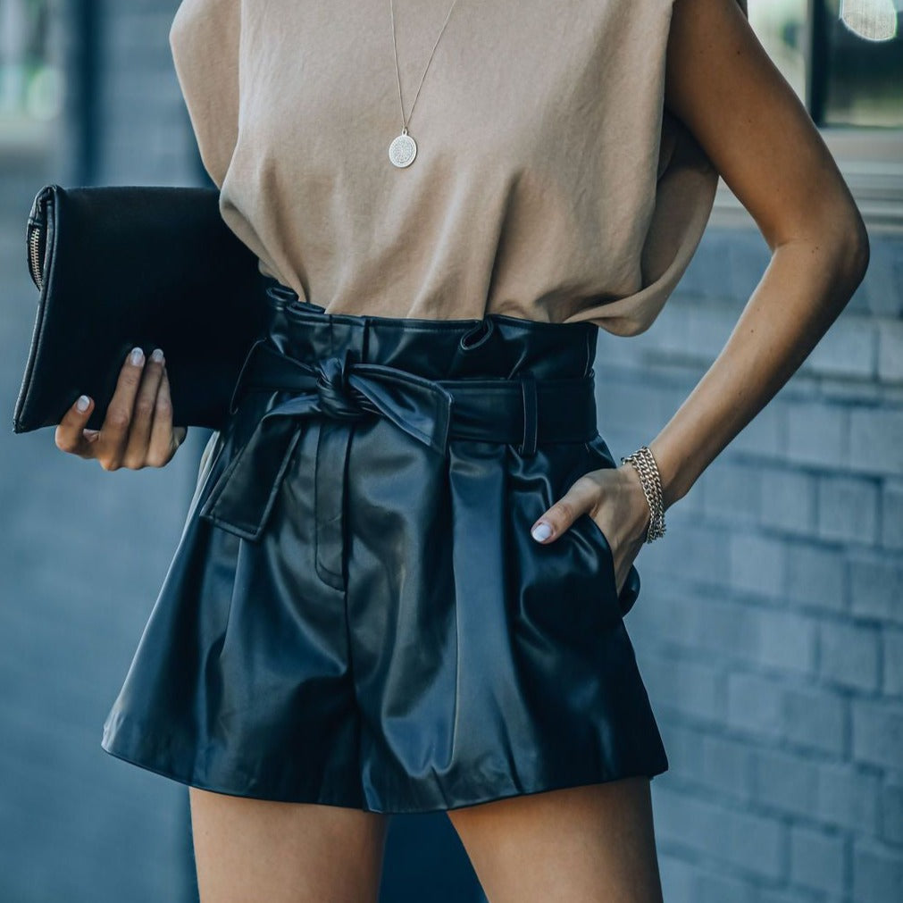 England Style Black Leather Shorts