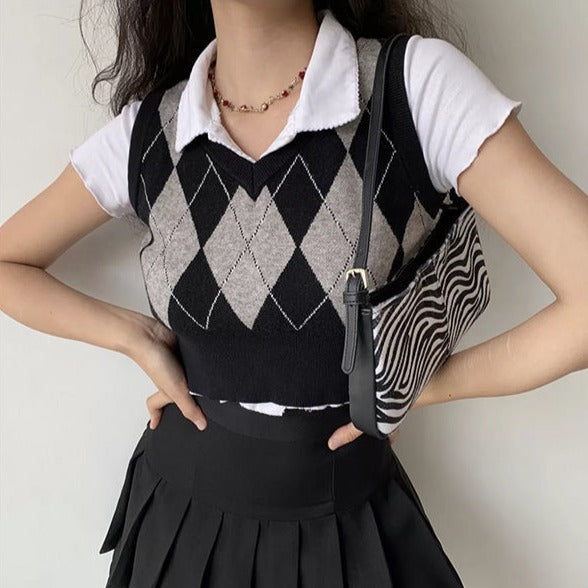 Preppy Argyle Cropped Sweater Vest