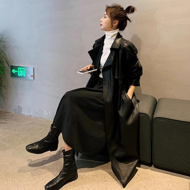 Loose Black Leather Trench Coat