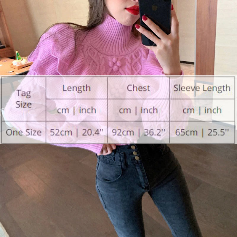 Ruffled Floral Knitted Turtleneck Sweater