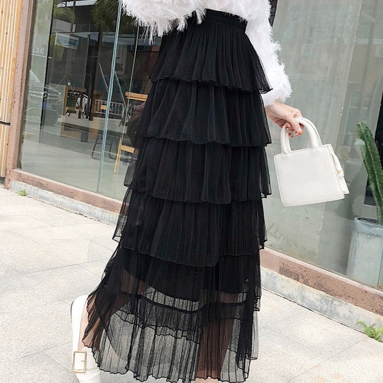 Ruffles Mesh Patchwork Long Skirt