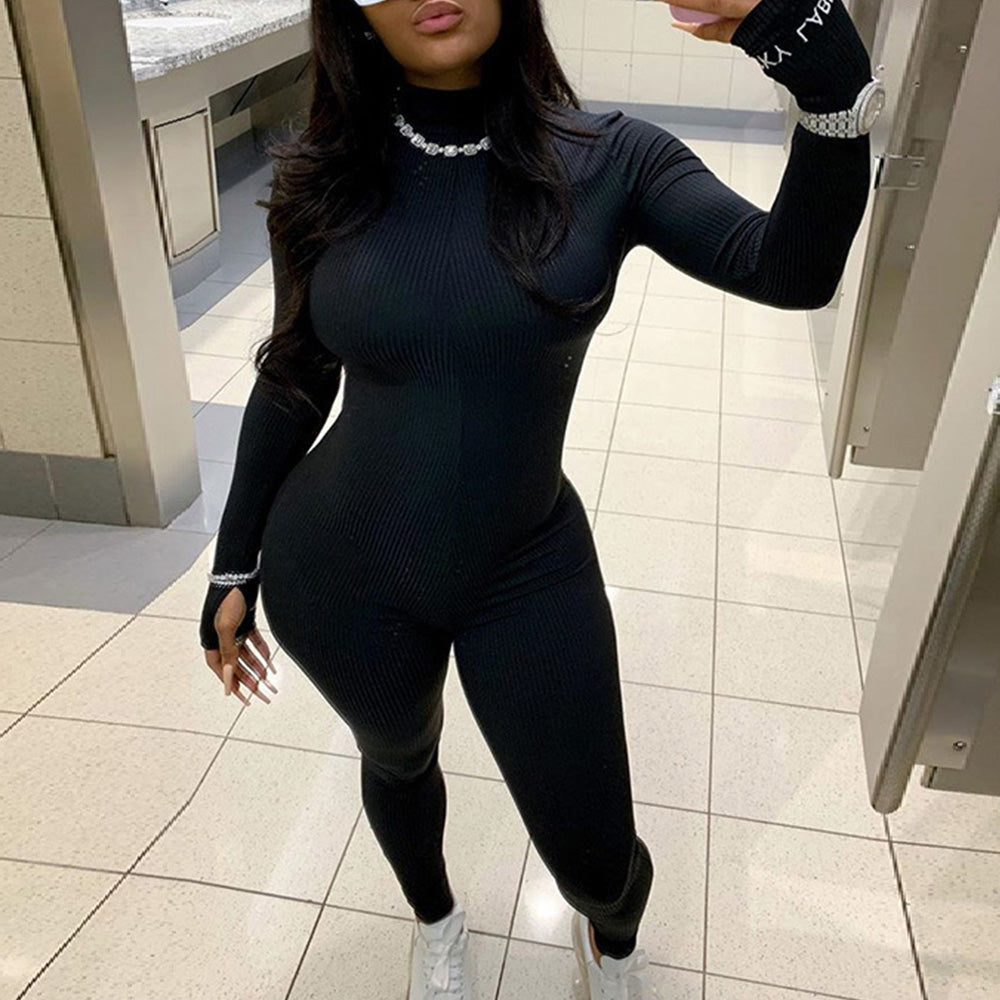 Letter Embroidery Turtleneck Jumpsuit
