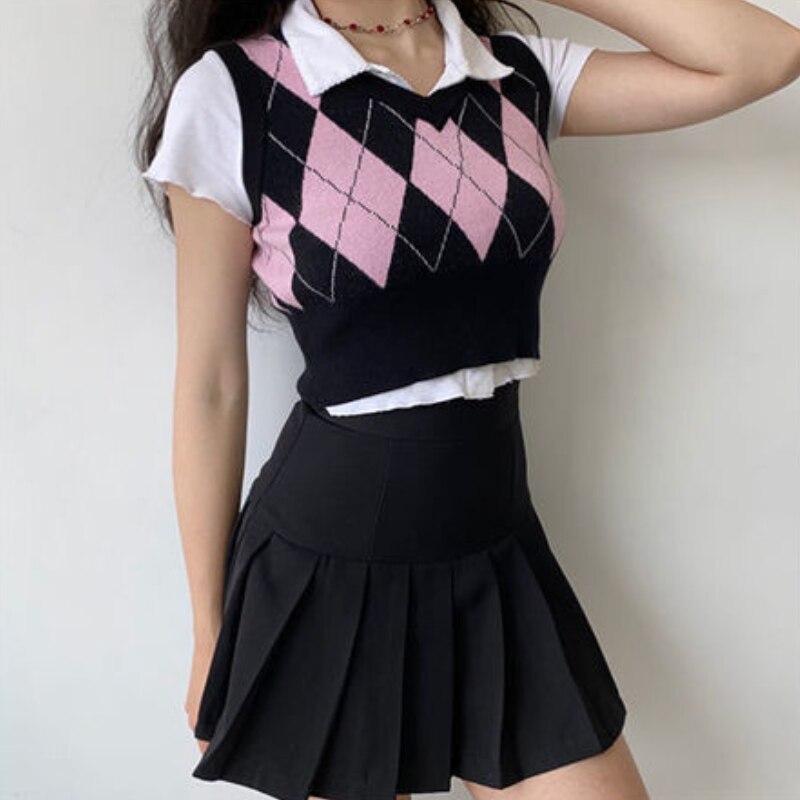 Preppy Argyle Cropped Sweater Vest