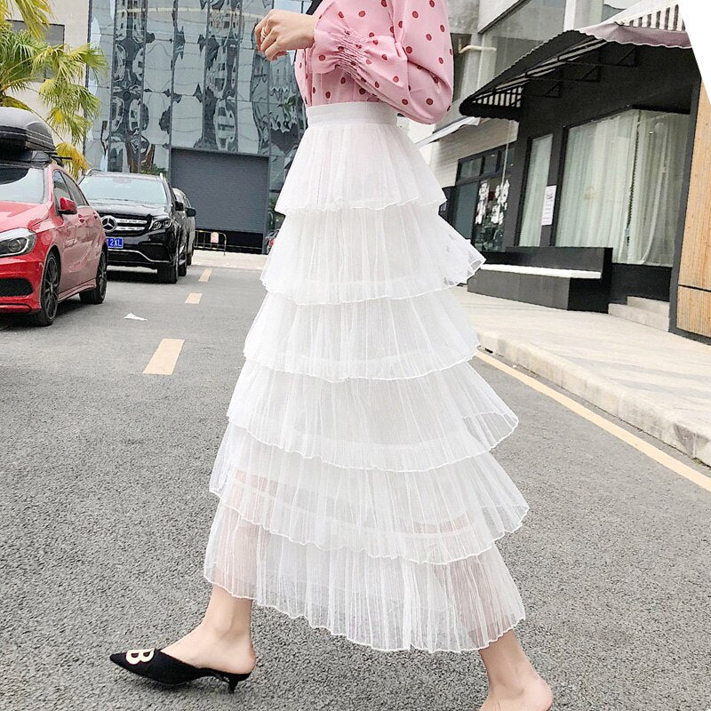 Ruffles Mesh Patchwork Long Skirt