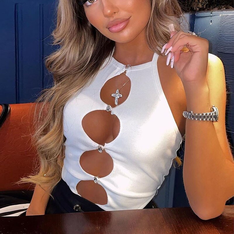 Crystal Button Halter Bodysuit