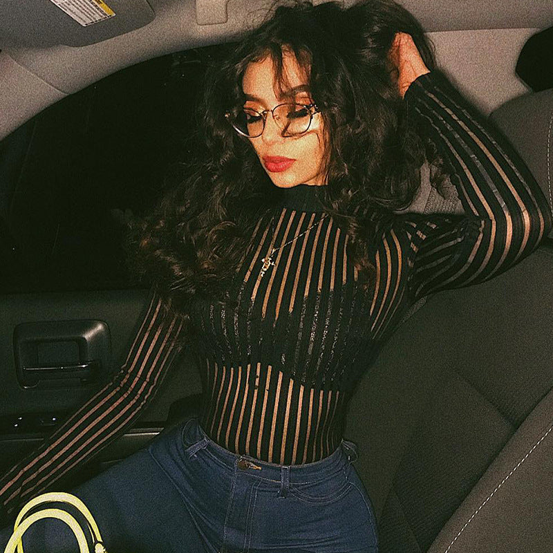 Striped Mesh Black Bodysuit