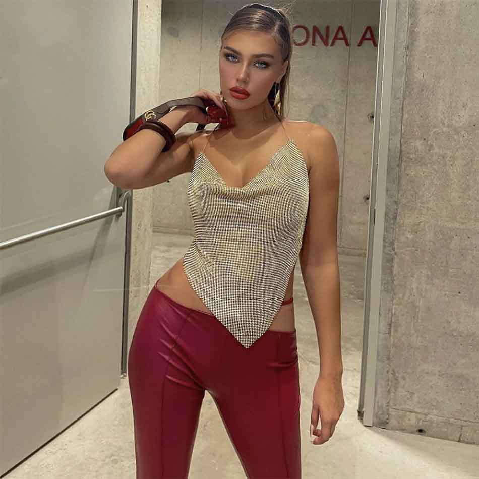 Shiny Crystals Hollow Backless Top
