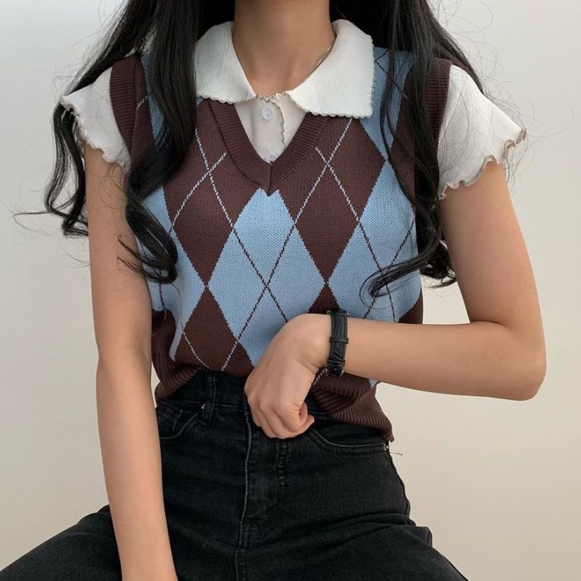 Preppy Argyle Cropped Sweater Vest