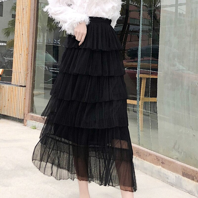 Ruffles Mesh Patchwork Long Skirt