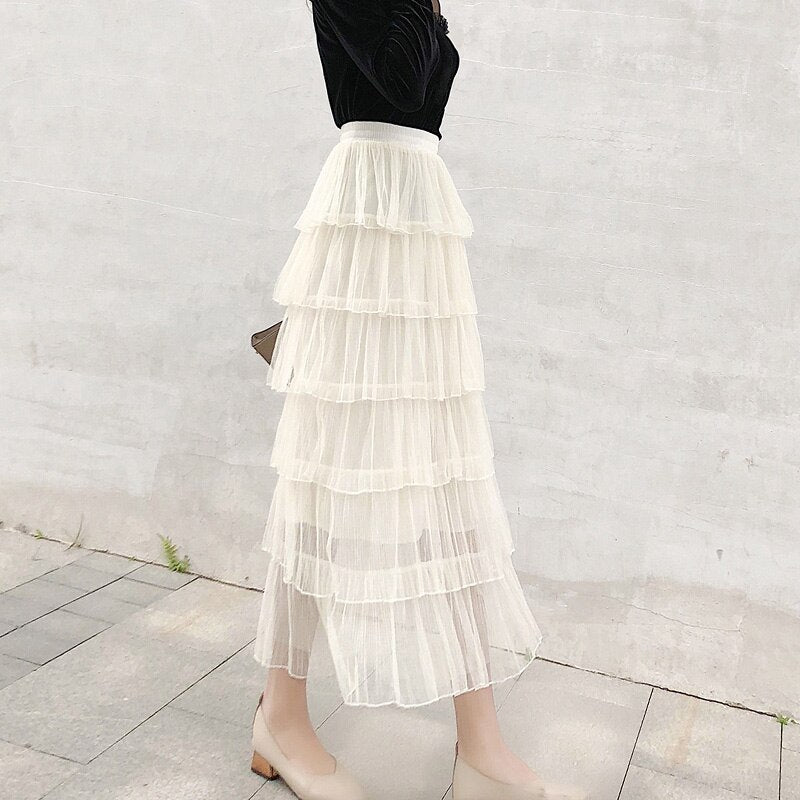 Ruffles Mesh Patchwork Long Skirt