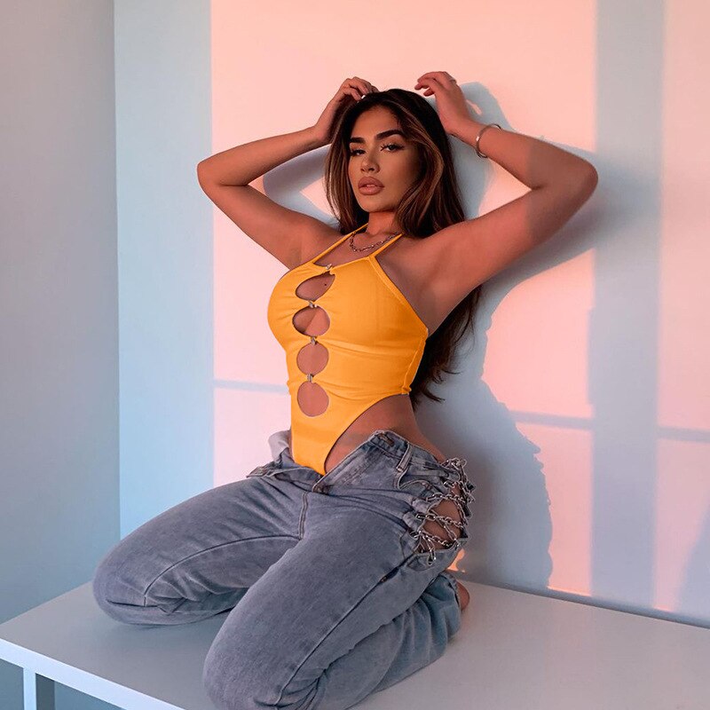 Crystal Button Halter Bodysuit