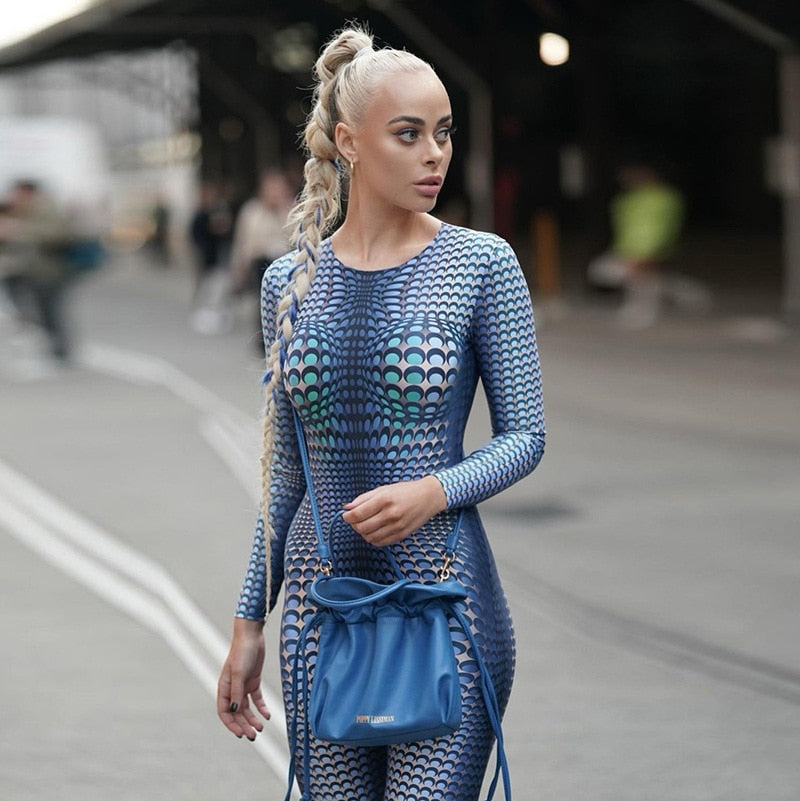 3D Blue Printed Jumpsuit