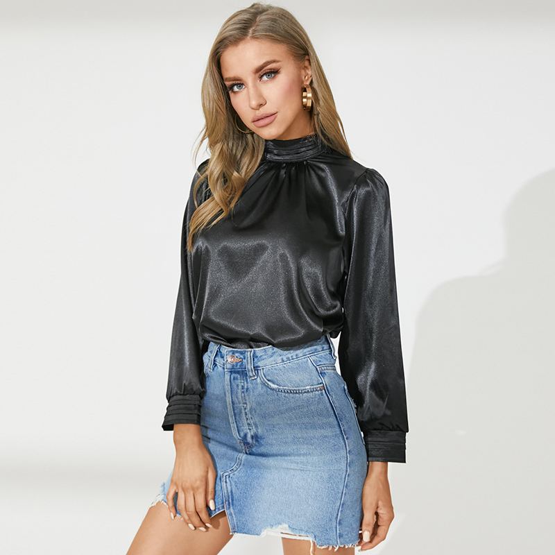Elegant Solid High Collar Silk Blouse