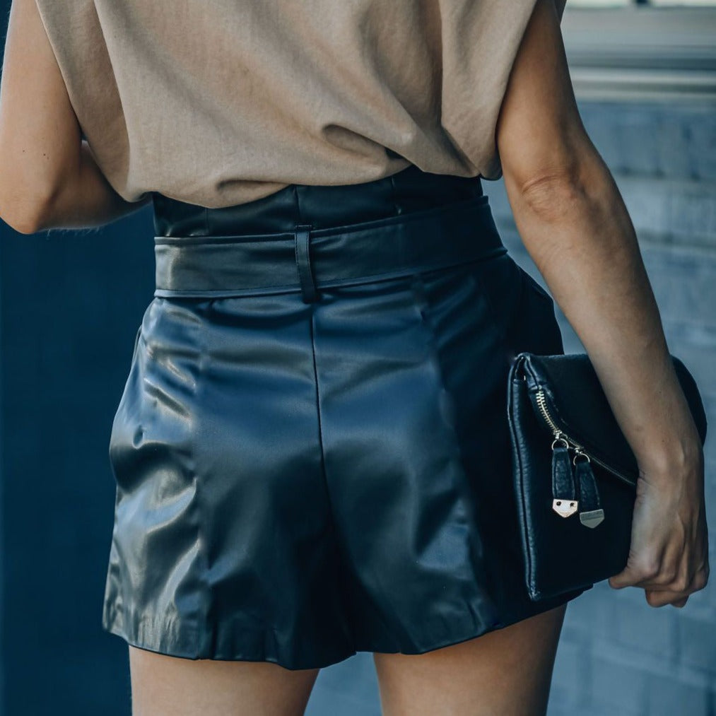 England Style Black Leather Shorts