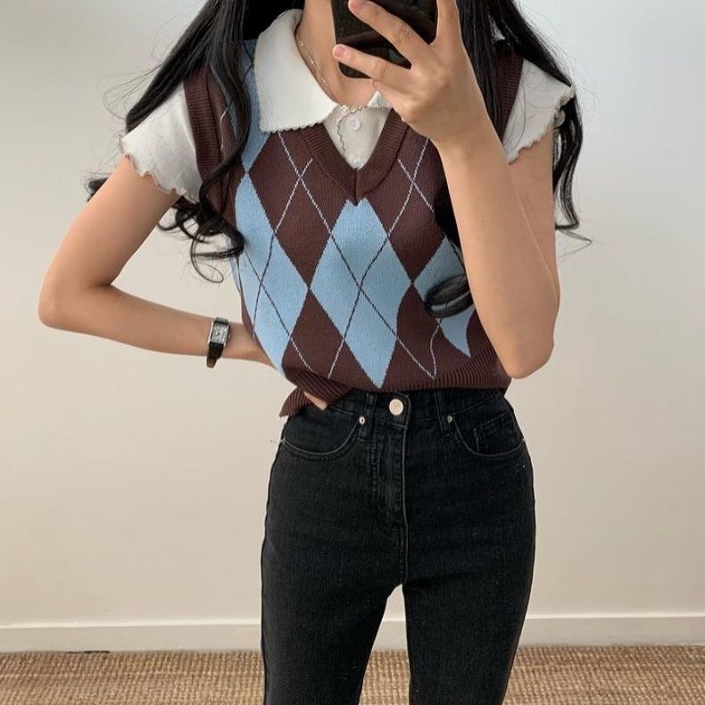 Preppy Argyle Cropped Sweater Vest