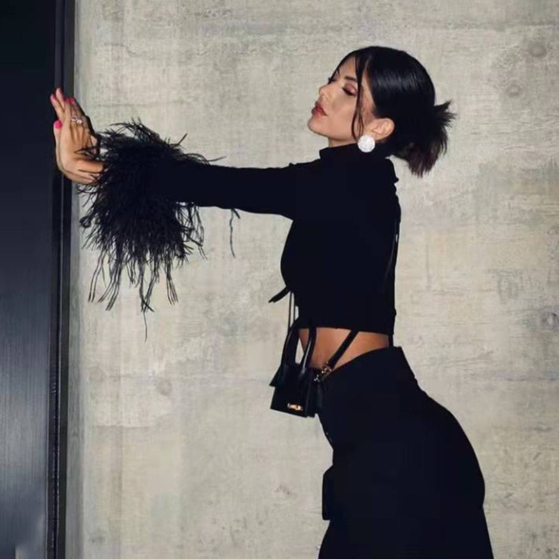 Ostrich Feather Sleeves Crop Top