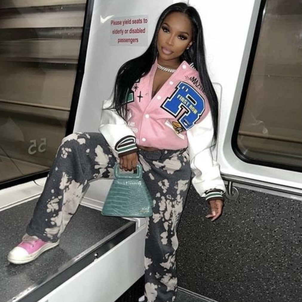 Pink Patchwork Print Racing Jacket