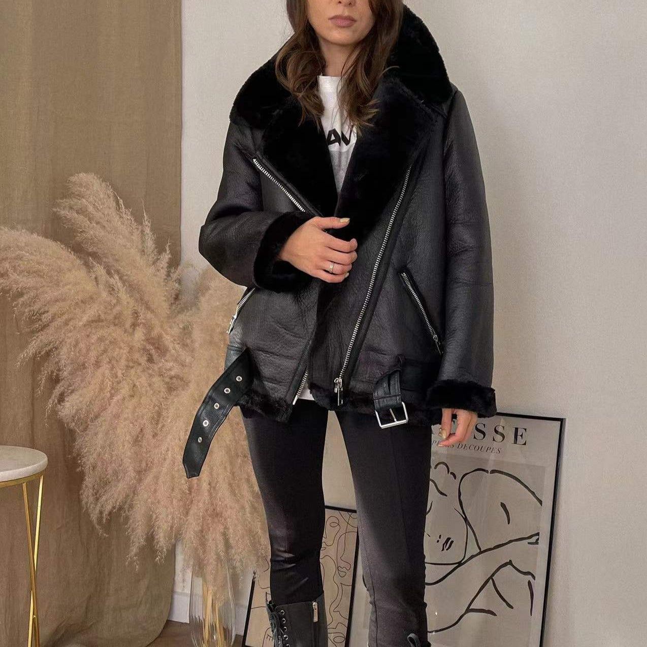 Sheepskin Fur Leather Jacket Coat