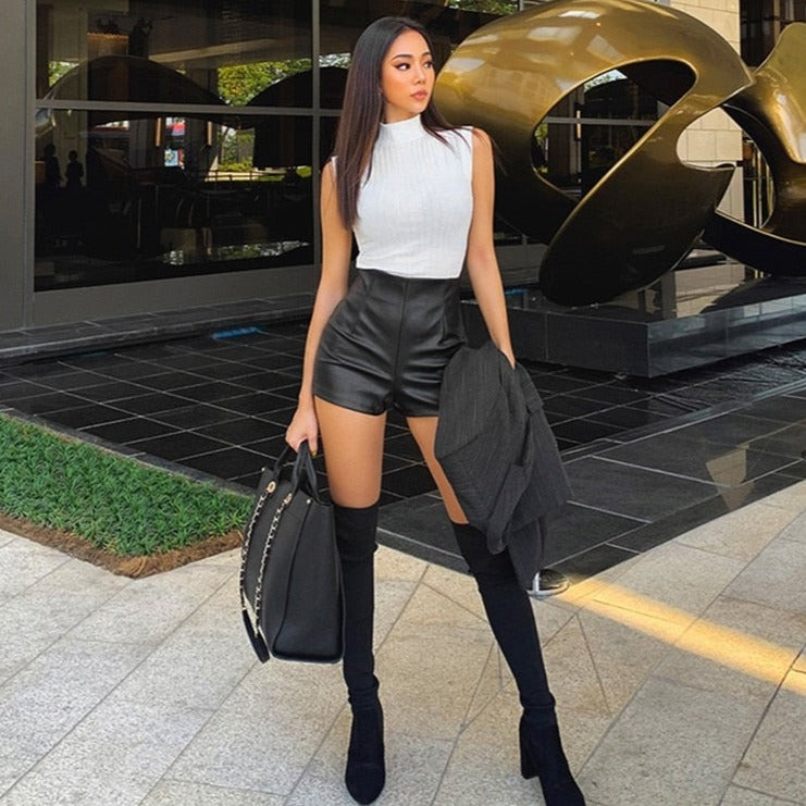 Black High Waist Leather Shorts