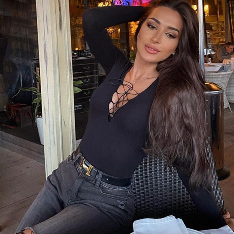 Front Lace Up Slim Bodysuits