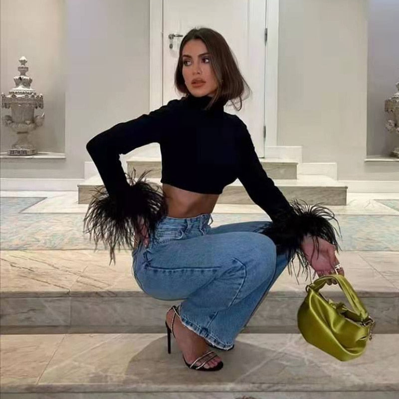 Ostrich Feather Sleeves Crop Top