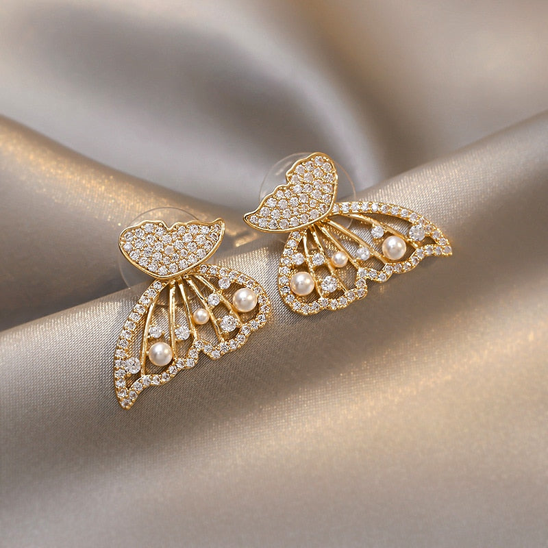 Pearl Butterfly Rhinestones Earrings