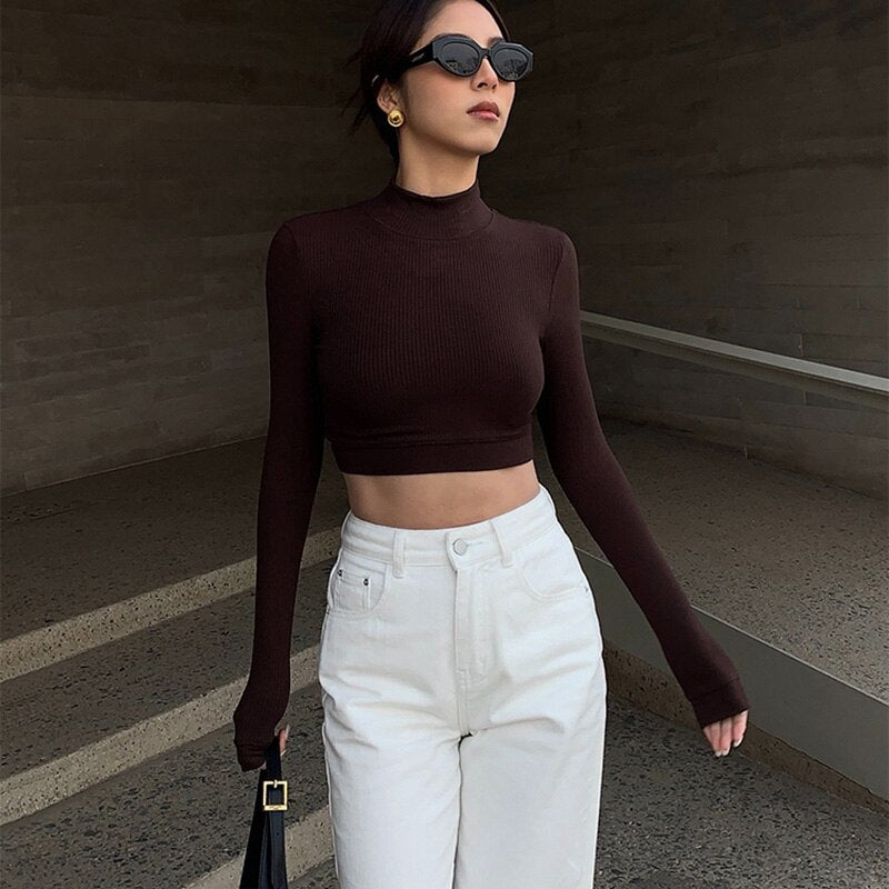 Half Turtleneck Knitted Crop Top