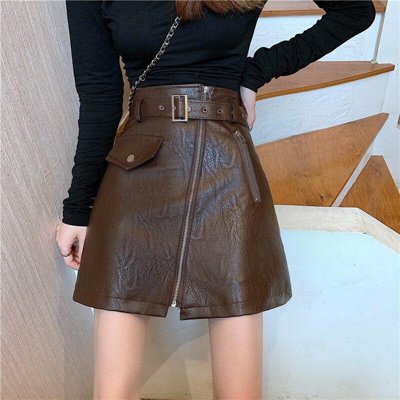Black Belted Zip Leather Skirt