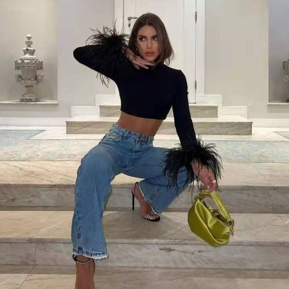 Ostrich Feather Sleeves Crop Top