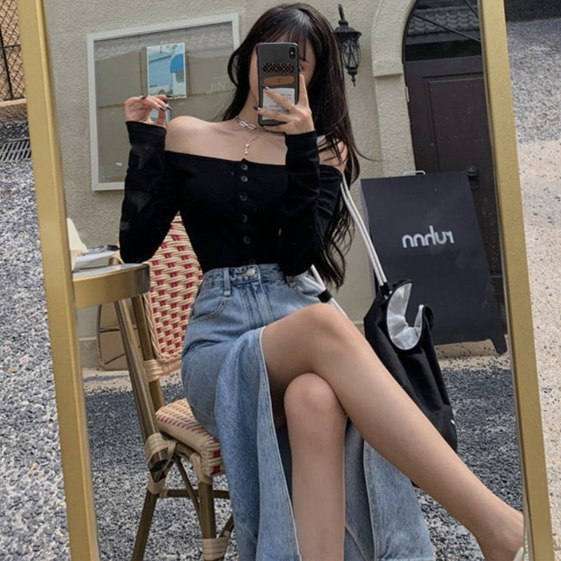 Stylish Long Slit Denim Skirt