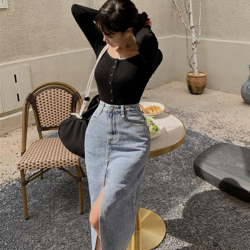 Stylish Long Slit Denim Skirt