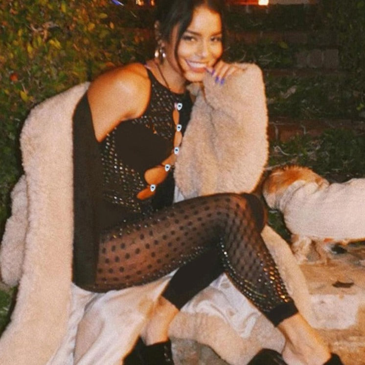 Rhinestone Mesh Patchwork Jumpsuit