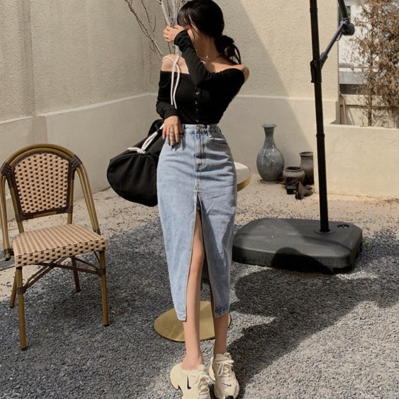 Stylish Long Slit Denim Skirt