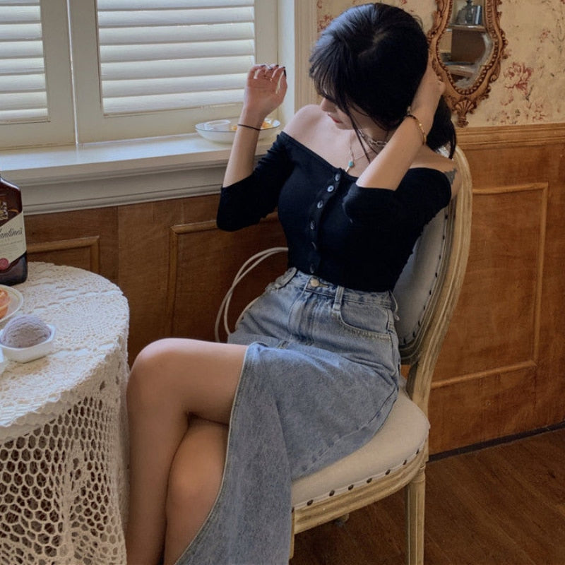 Stylish Long Slit Denim Skirt