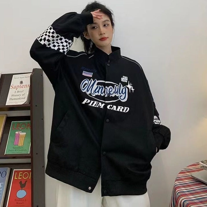 Black Race Print Bombers Jackets