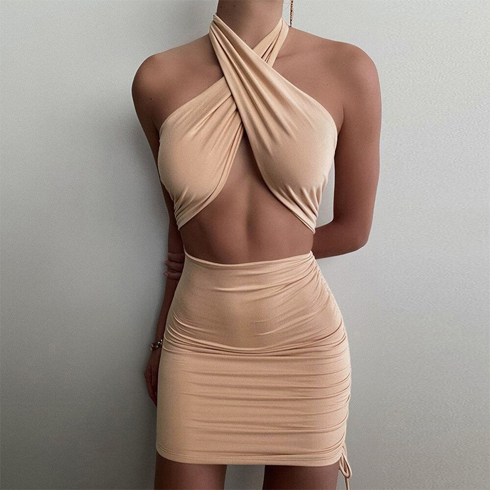 Sexy Backless Halter Mini Dress