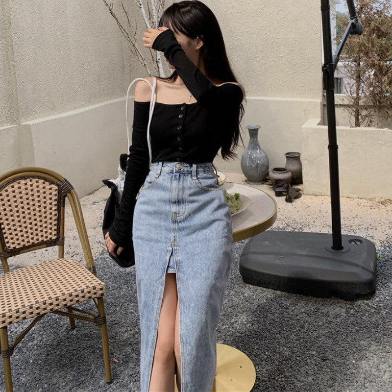 Stylish Long Slit Denim Skirt