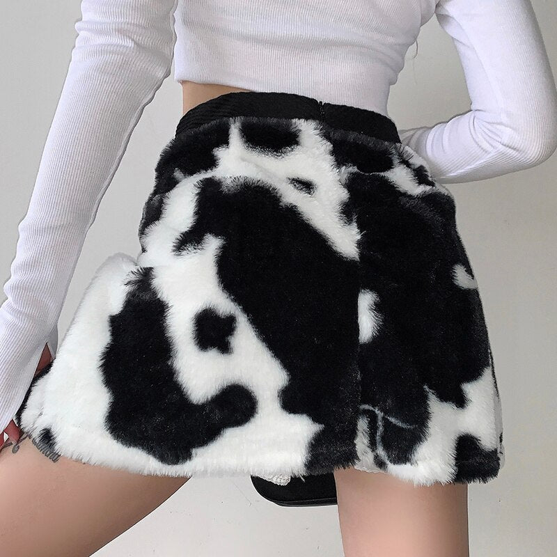 Furry Cow Print Mini Skirt