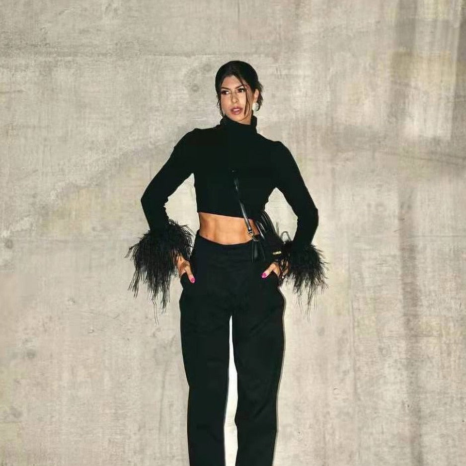 Ostrich Feather Sleeves Crop Top