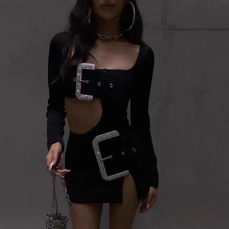 Luxury Diamonds Buckle Belt Bodysuits Skirt
