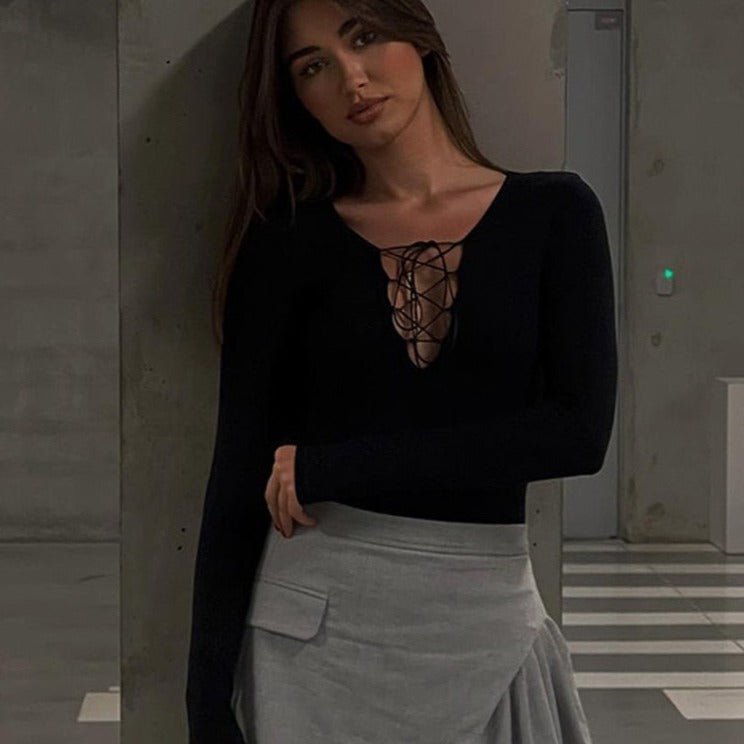 Front Lace Up Slim Bodysuits