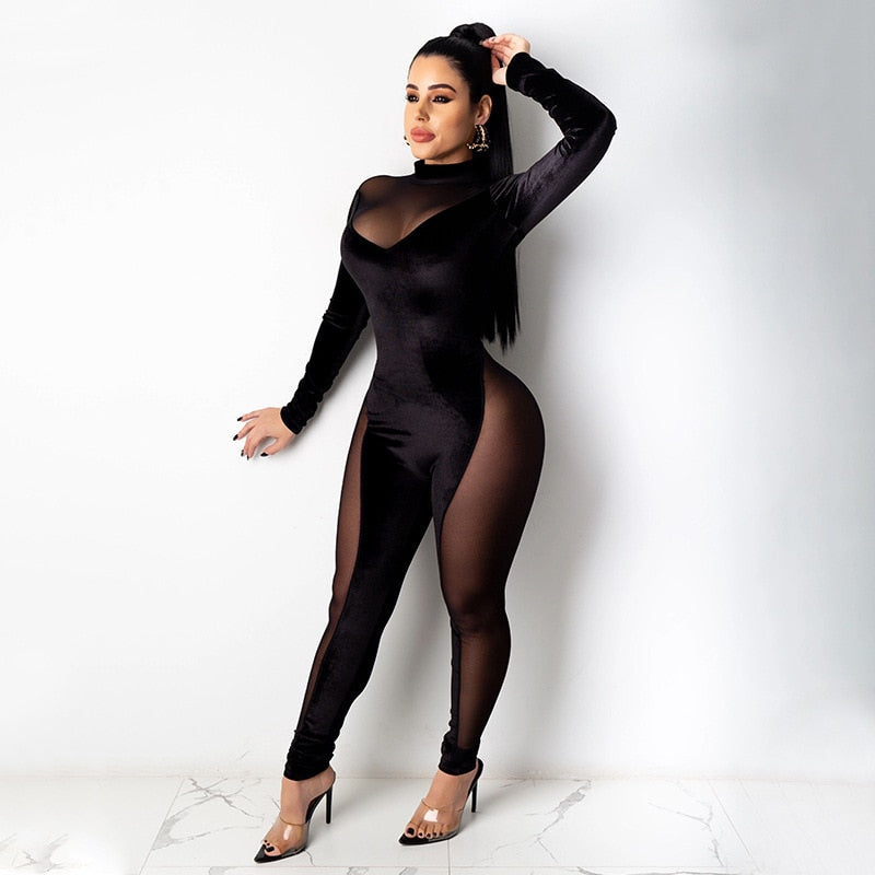 Velvet Mesh Pattern Jumpsuits