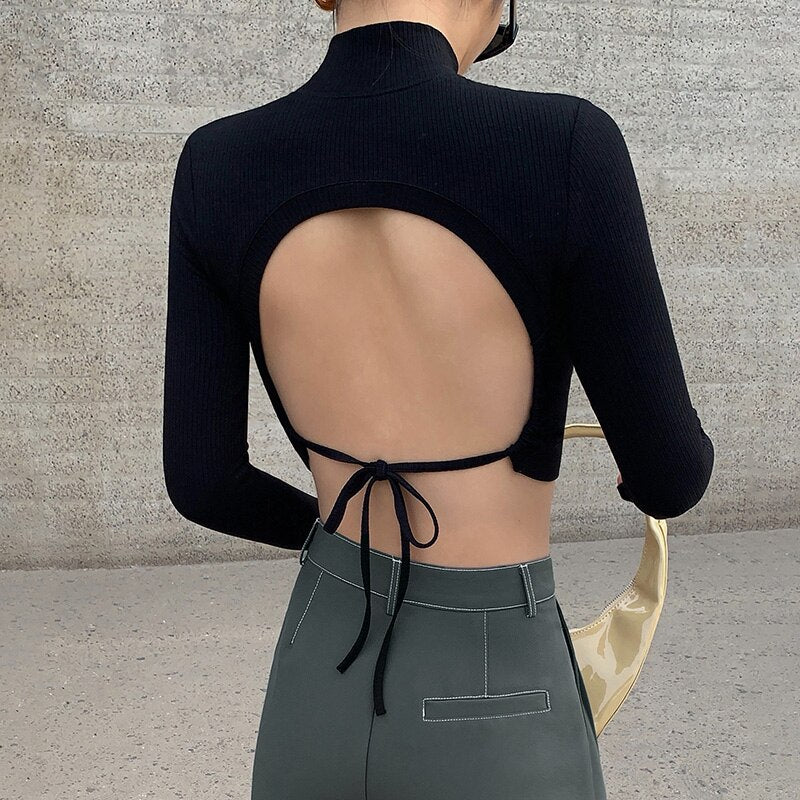 Half Turtleneck Knitted Crop Top