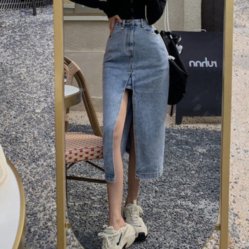 Stylish Long Slit Denim Skirt