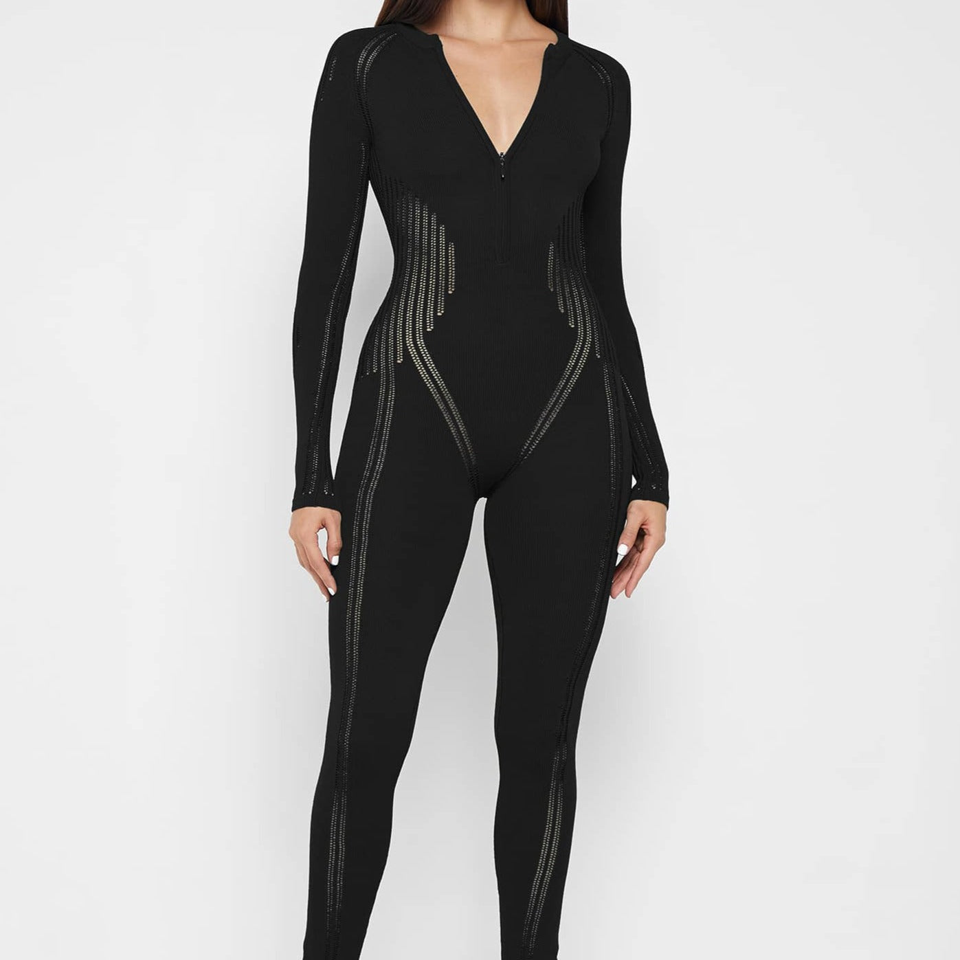 Solid Splice Mesh Bodycon Jumpsuit