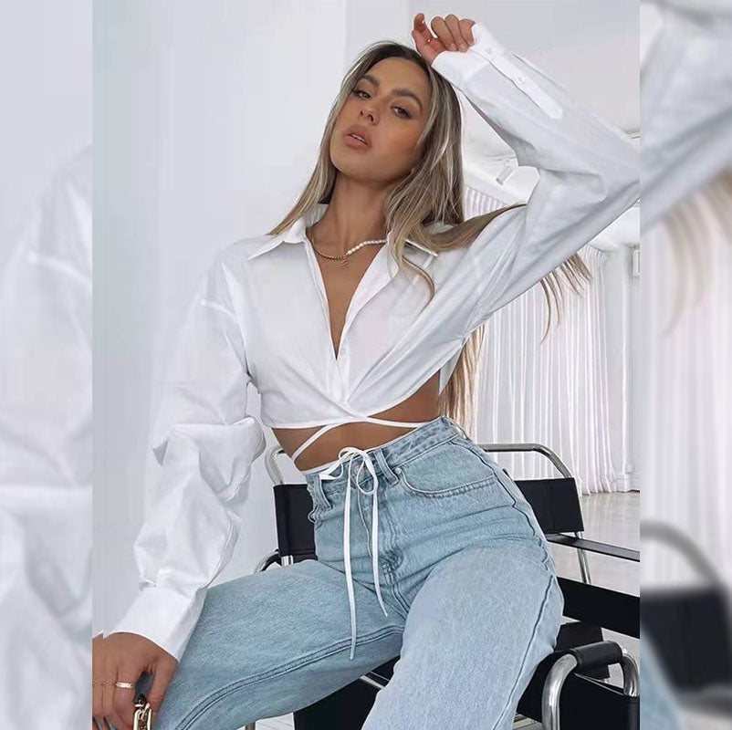 Cropped Lace Up Waist Shirt